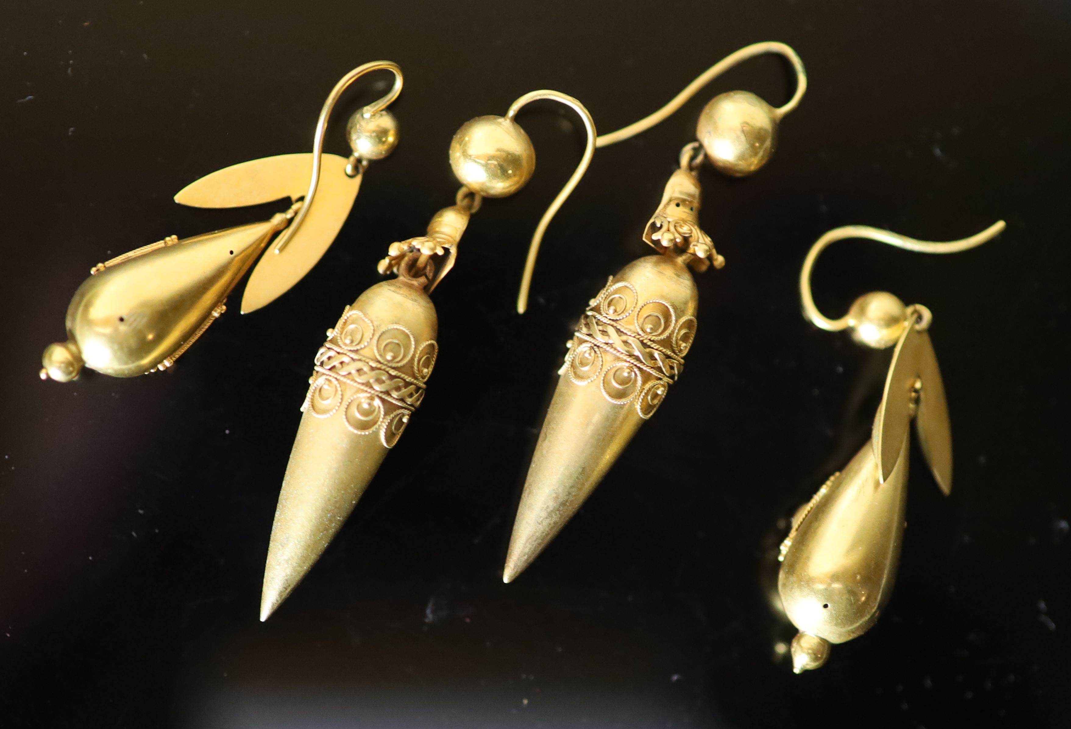 Two pairs of Victorian gold teardrop shaped drop earrings,